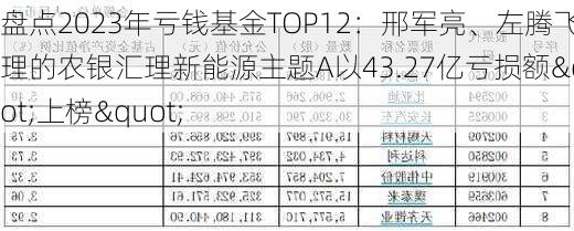 盘点2023年亏钱基金TOP12：邢军亮、左腾飞管理的农银汇理新能源主题A以43.27亿亏损额