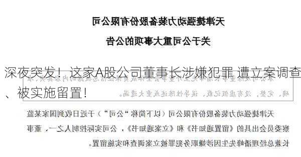 深夜突发！这家A股公司董事长涉嫌犯罪 遭立案调查、被实施留置！