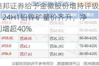 德邦证券给予金徽股份增持评级，24H1铅锌矿量价齐升，净利增超40%