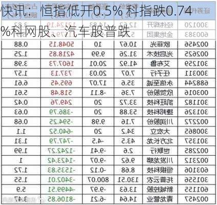 快讯：恒指低开0.5% 科指跌0.74%科网股、汽车股普跌