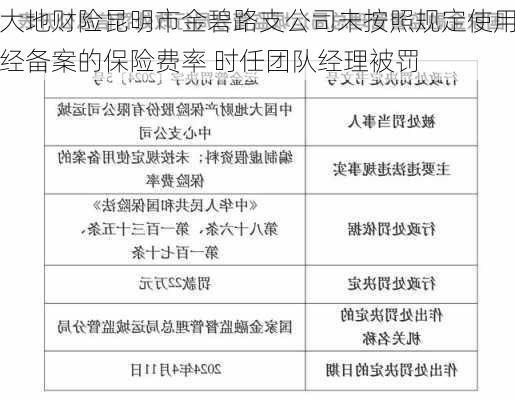 大地财险昆明市金碧路支公司未按照规定使用经备案的保险费率 时任团队经理被罚