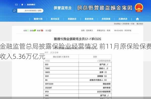 金融监管总局披露保险业经营情况 前11月原保险保费收入5.36万亿元